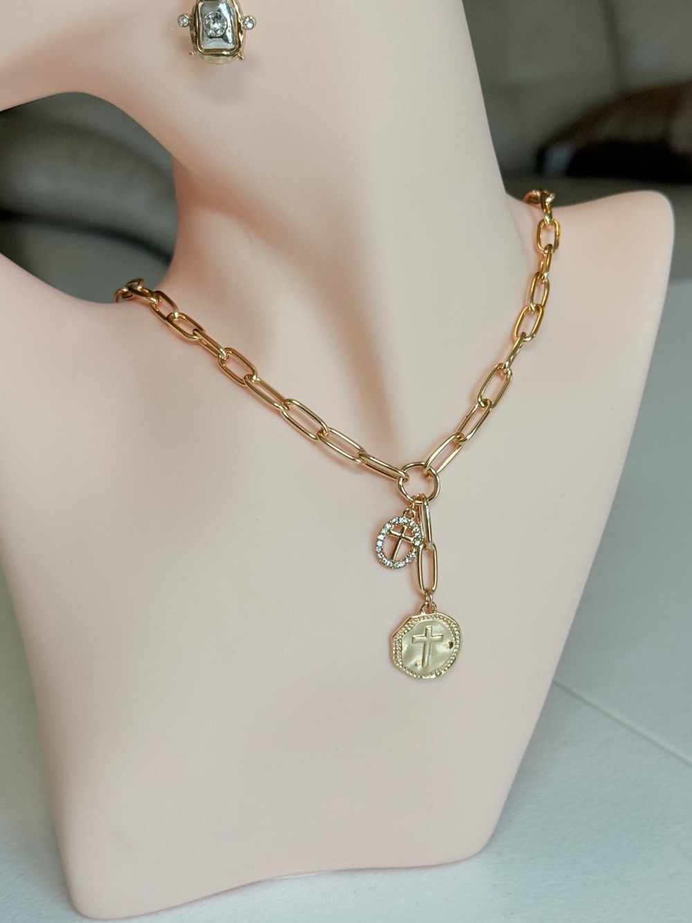 Gold-Tone Link Necklace with Cross Coin and Crystal Charm - Picture 3 of 10